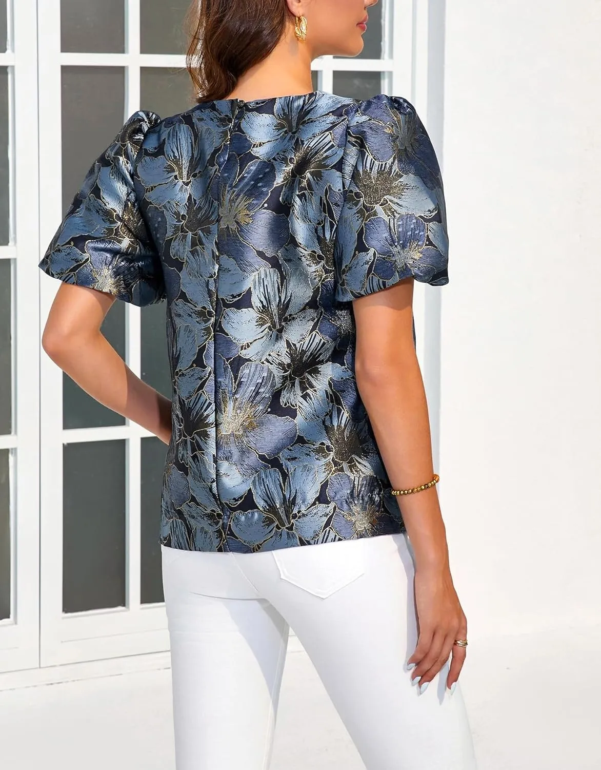 Kedera Women's Floral Jacquard Shirt Crewneck Puff Sleeve Blouse Elegant Work Shift Tops