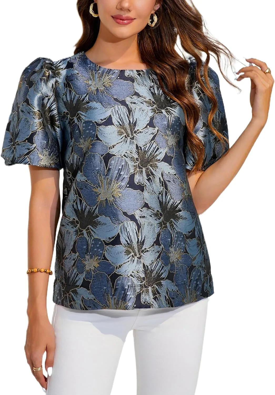 Kedera Women's Floral Jacquard Shirt Crewneck Puff Sleeve Blouse Elegant Work Shift Tops