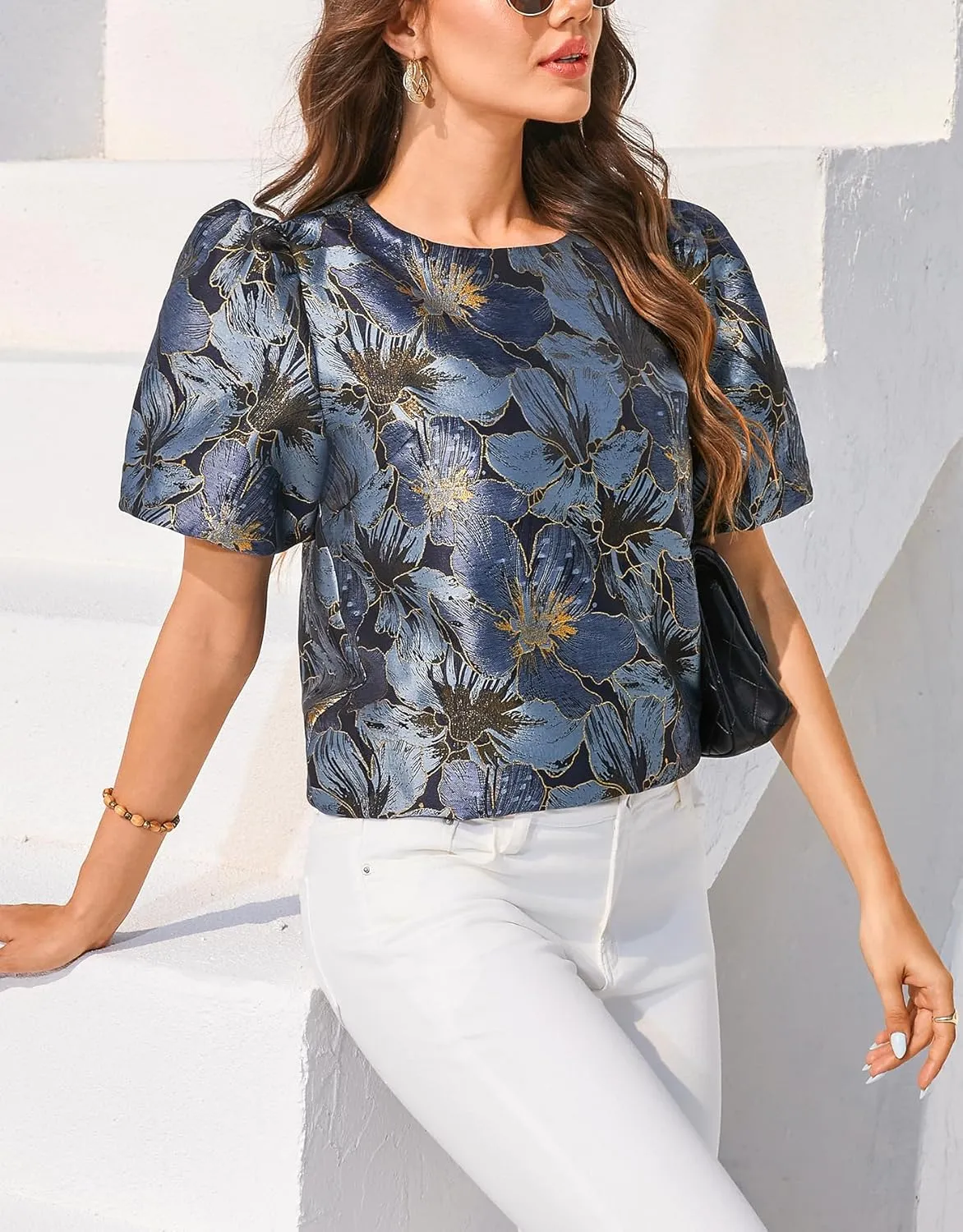 Kedera Women's Floral Jacquard Shirt Crewneck Puff Sleeve Blouse Elegant Work Shift Tops