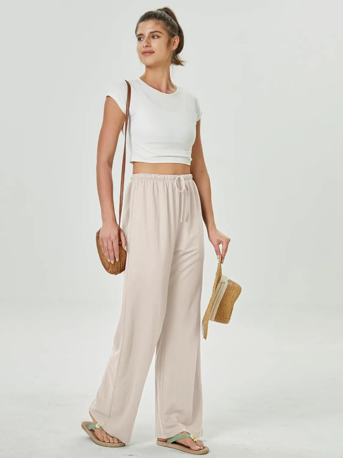 keriffe Summer Outfits Flowy Palazzo Pants for Women 2025 High Waisted Wide Leg Beach Casual Vacation Pants Trousers Pockets