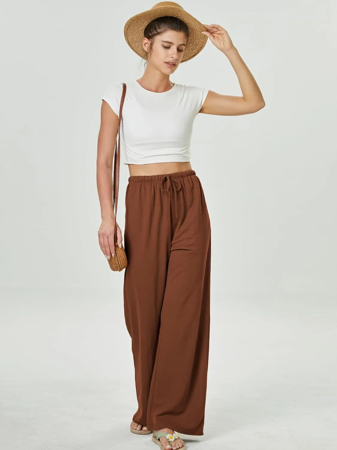 keriffe Summer Outfits Flowy Palazzo Pants for Women 2025 High Waisted Wide Leg Beach Casual Vacation Pants Trousers Pockets