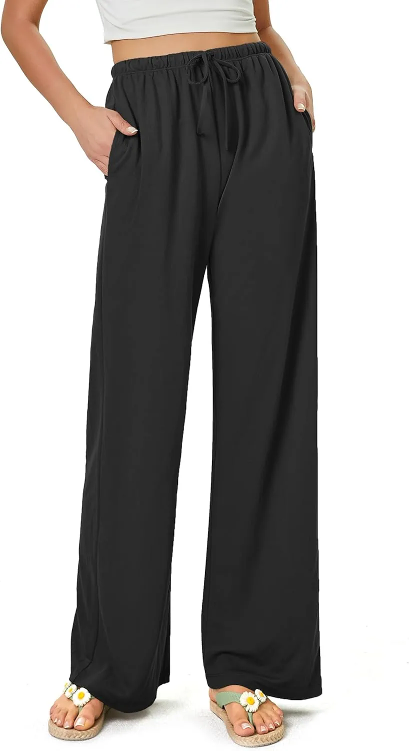 keriffe Women's Flowy Wide Leg Pants Casual Beach Pants High Waisted Drawstring Palazzo Trousers with Pockets