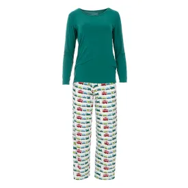 KICKEE PANTS WOMENS LONG SLEEVE LOOSEY GOOSEY TEE & PANTS SET NATURAL TOY TRAIN