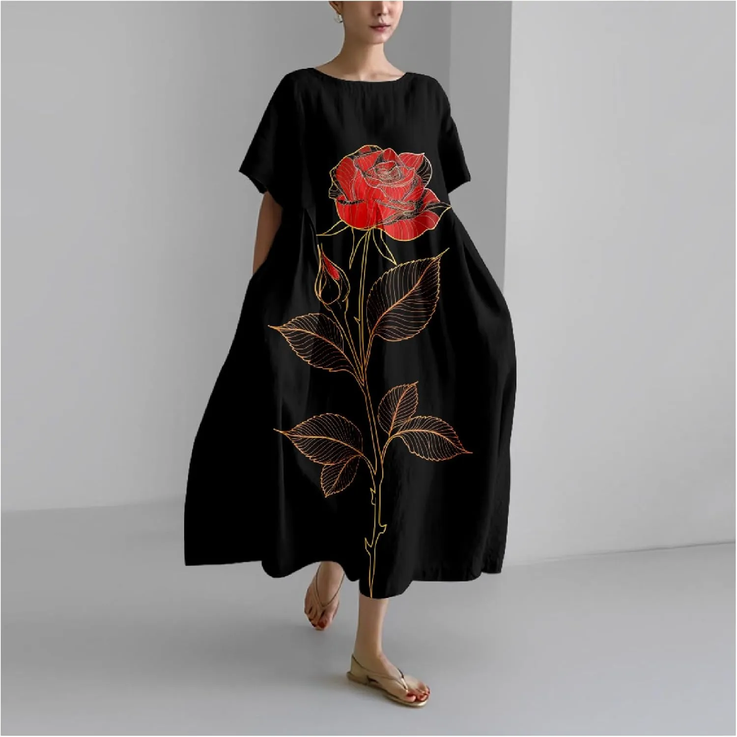 MARSVOVO Summer Casual Dresses Boho Floral Print Short Sleeve Loose Crew Neck Plus Size Party Dresses for Curvy Women