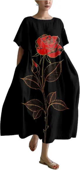 MARSVOVO Summer Casual Dresses Boho Floral Print Short Sleeve Loose Crew Neck Plus Size Party Dresses for Curvy Women