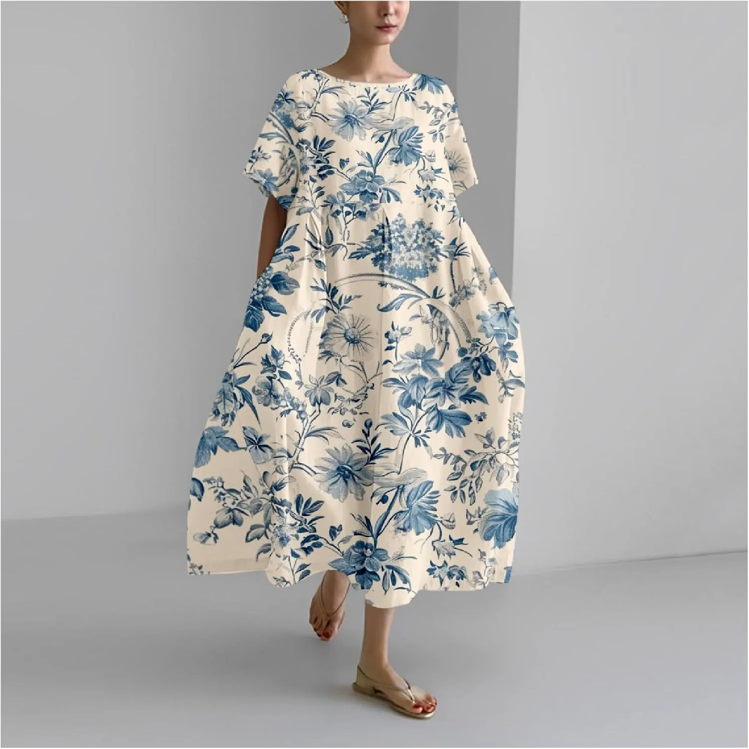 MARSVOVO Summer Casual Dresses Boho Floral Print Short Sleeve Loose Crew Neck Plus Size Party Dresses for Curvy Women