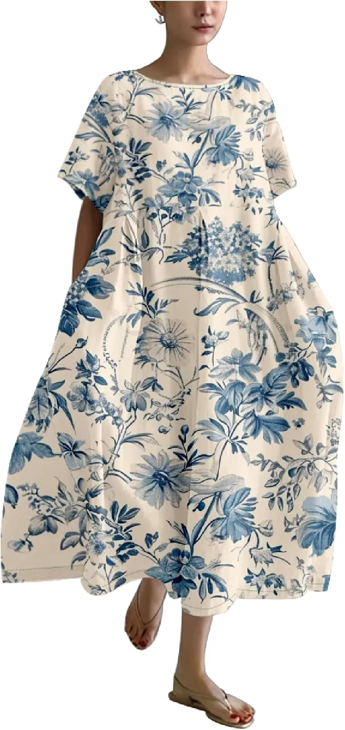 MARSVOVO Summer Casual Dresses Boho Floral Print Short Sleeve Loose Crew Neck Plus Size Party Dresses for Curvy Women
