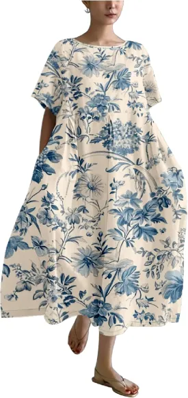 MARSVOVO Summer Casual Dresses Boho Floral Print Short Sleeve Loose Crew Neck Plus Size Party Dresses for Curvy Women