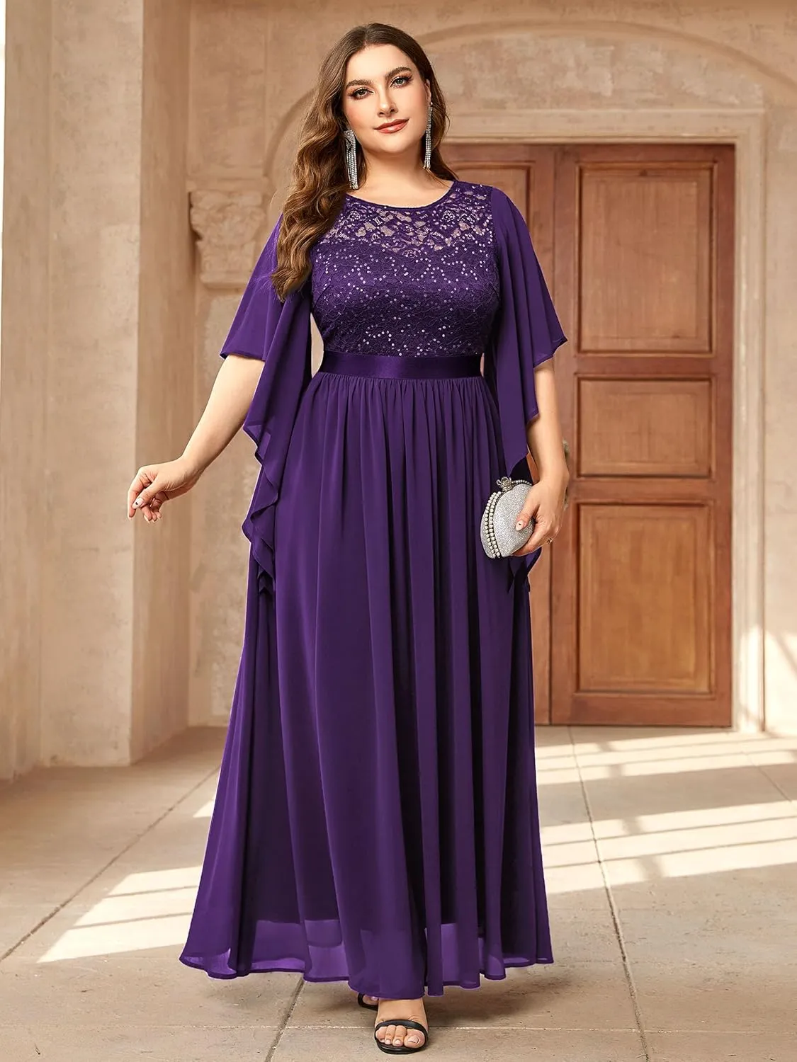 Miusol Women's Plus Size Sequin Lace with Ruffle Cape Cloak Sleeves Elegant Evening Wedding Party Maxi Dress