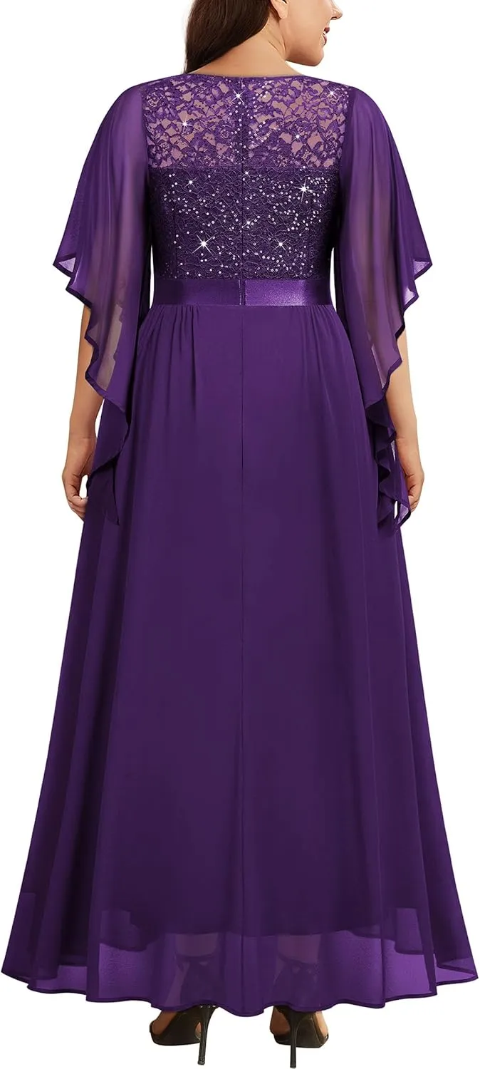 Miusol Women's Plus Size Sequin Lace with Ruffle Cape Cloak Sleeves Elegant Evening Wedding Party Maxi Dress