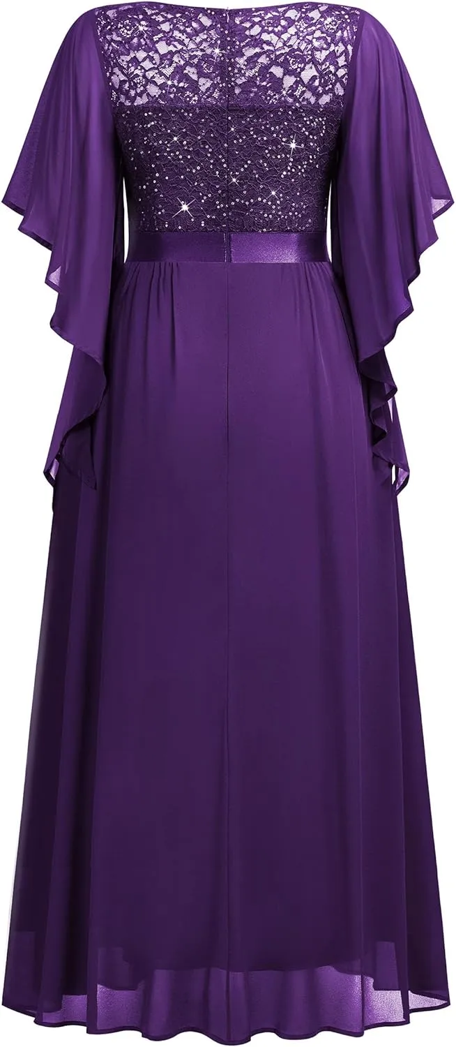 Miusol Women's Plus Size Sequin Lace with Ruffle Cape Cloak Sleeves Elegant Evening Wedding Party Maxi Dress