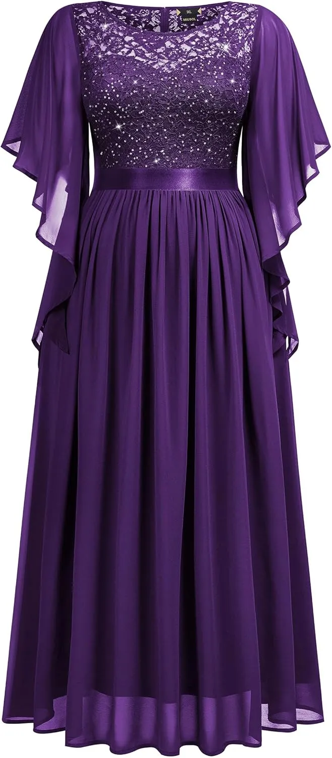 Miusol Women's Plus Size Sequin Lace with Ruffle Cape Cloak Sleeves Elegant Evening Wedding Party Maxi Dress
