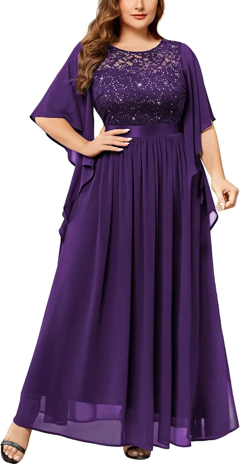 Miusol Women's Plus Size Sequin Lace with Ruffle Cape Cloak Sleeves Elegant Evening Wedding Party Maxi Dress