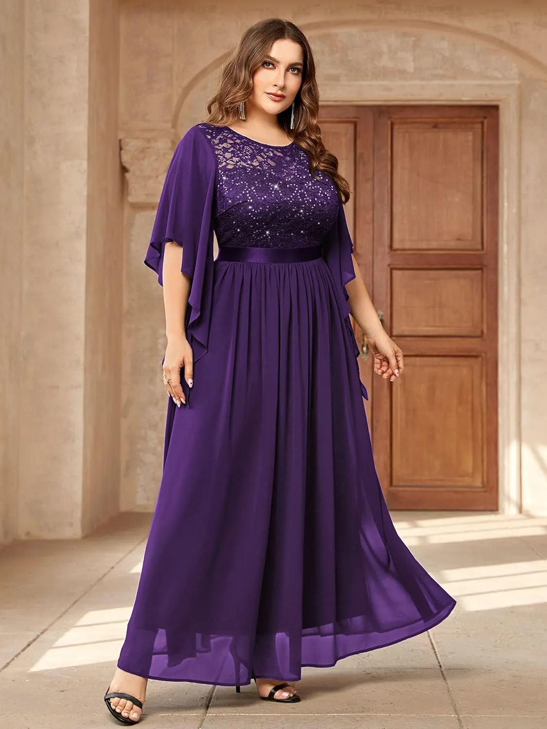 Miusol Women's Plus Size Sequin Lace with Ruffle Cape Cloak Sleeves Elegant Evening Wedding Party Maxi Dress