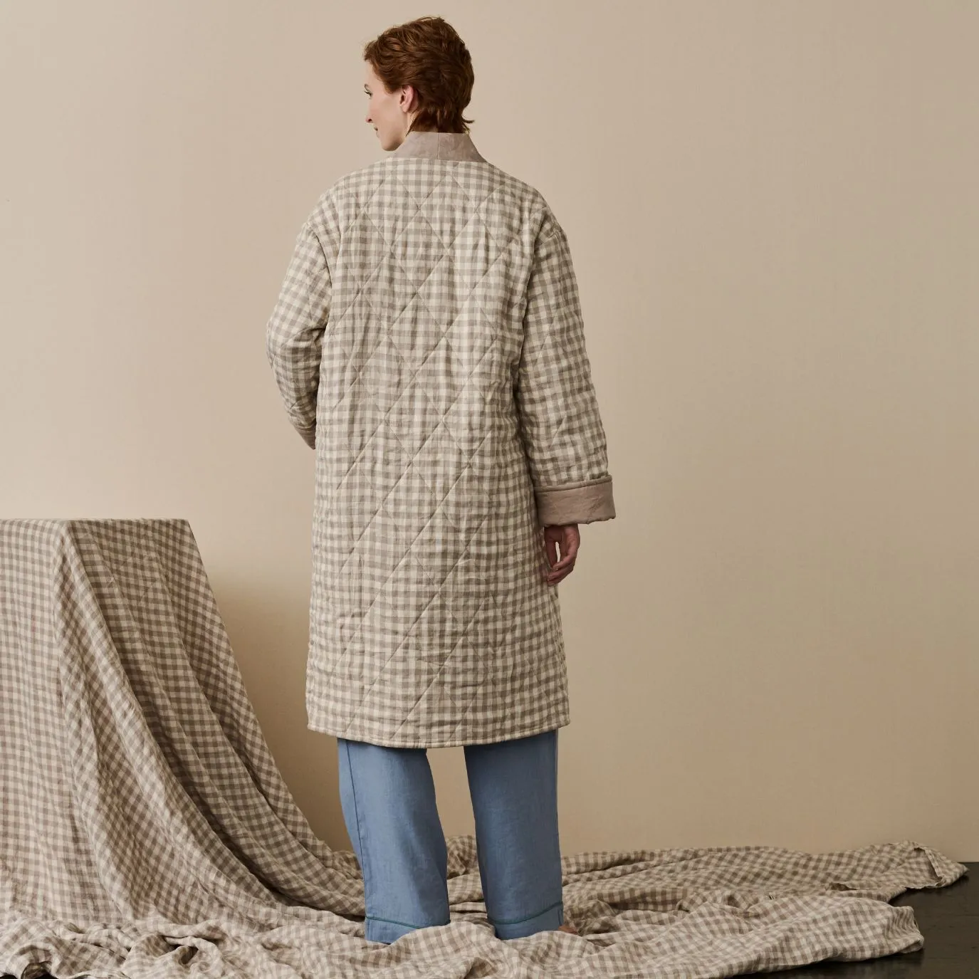 Mushroom Gingham Linen Housecoat