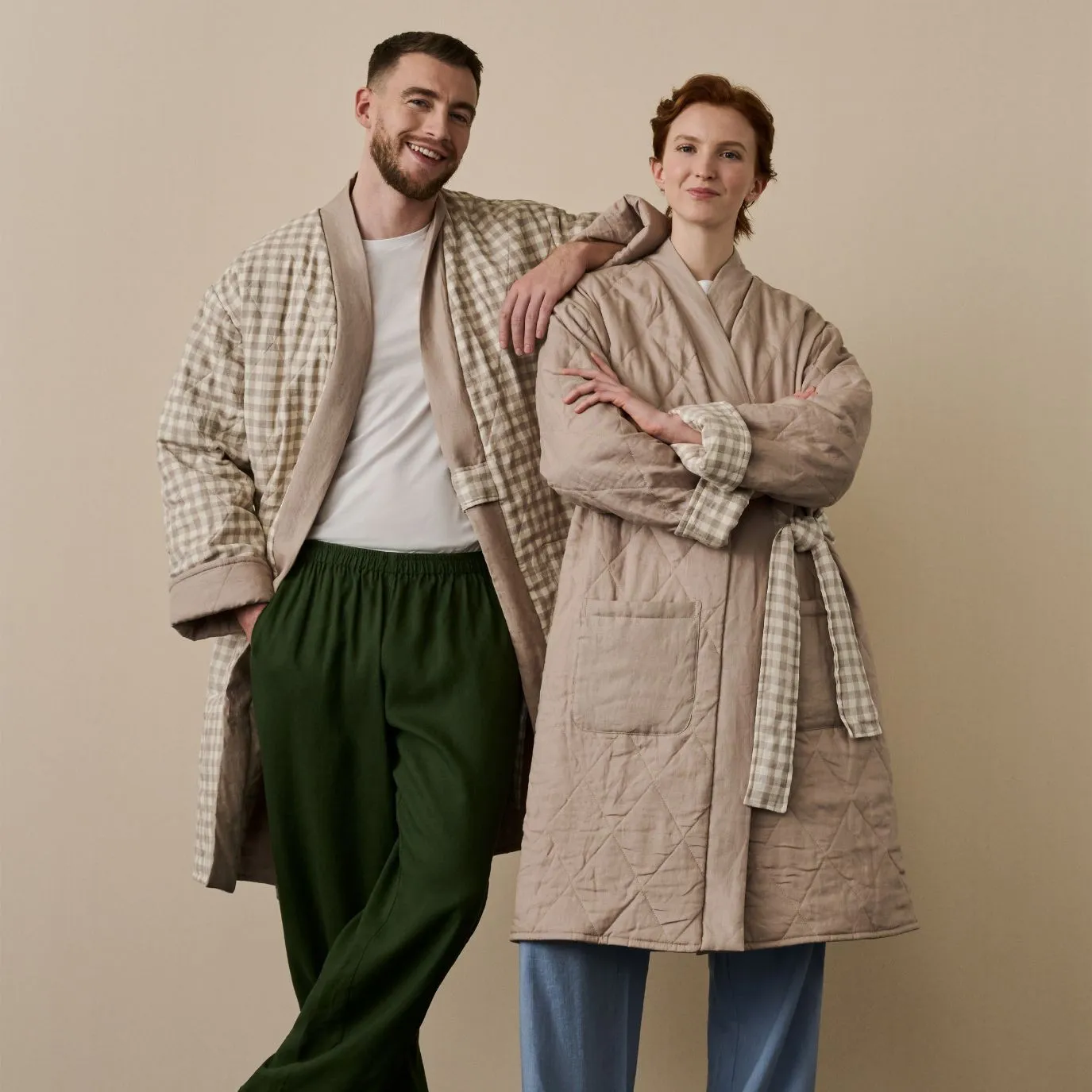 Mushroom Gingham Linen Housecoat