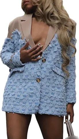 NRTHYE Women Denim Oversized Blazer Casual Plaid Color Block Patchwork Fringe Lapel Jean Suit Jackets