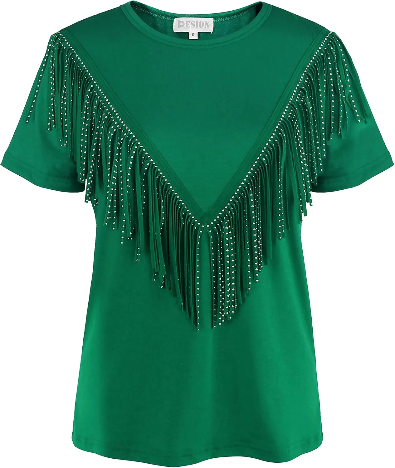 PESION Women's Fringe Trim Shirts Short Sleeve Tassel Trim Blouse T-Shirt Tops