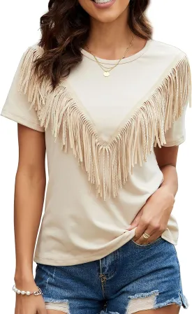 PESION Women's Fringe Trim Shirts Short Sleeve Tassel Trim Blouse T-Shirt Tops