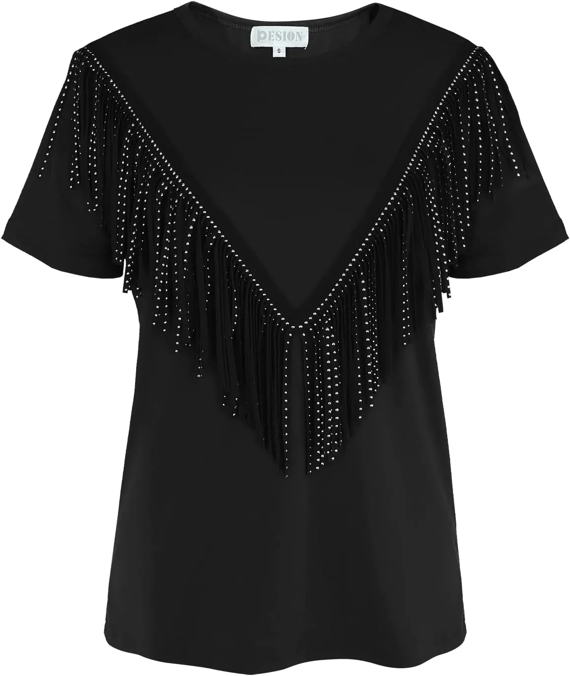 PESION Women's Fringe Trim Shirts Short Sleeve Tassel Trim Blouse T-Shirt Tops