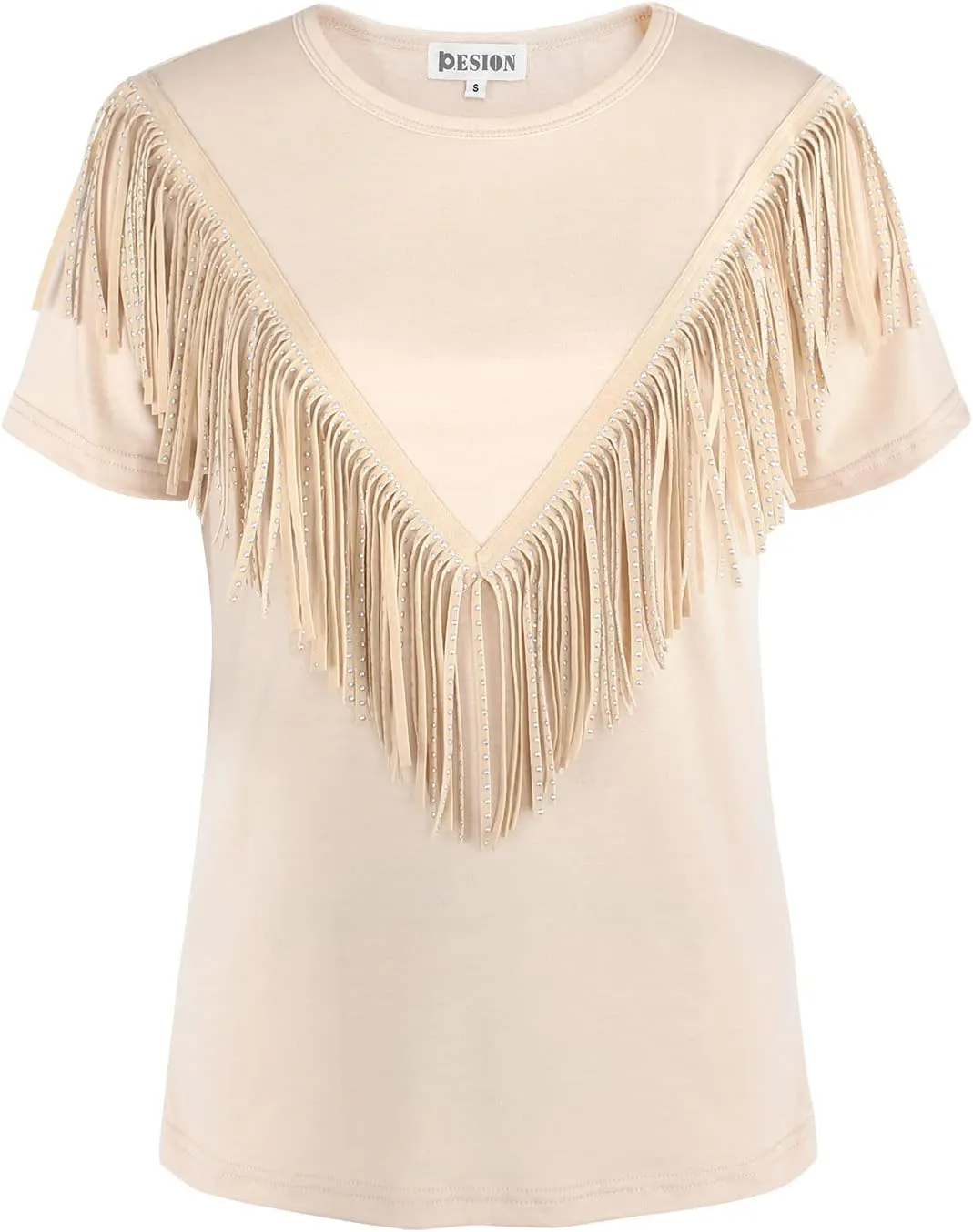 PESION Women's Fringe Trim Shirts Short Sleeve Tassel Trim Blouse T-Shirt Tops