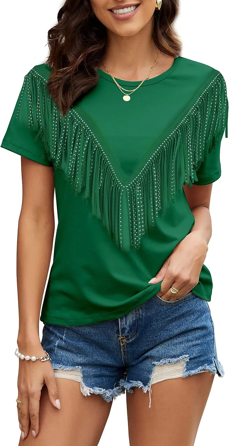 PESION Women's Fringe Trim Shirts Short Sleeve Tassel Trim Blouse T-Shirt Tops