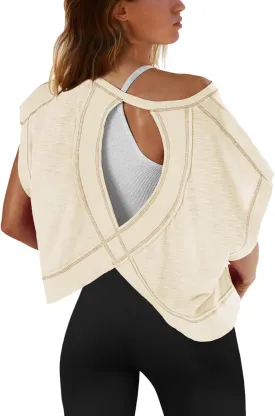 SENSERISE Womens Open Back Workout Tops Backless Short Sleeve Athletic Shirt Running Crop Top Gym Yoga Tee