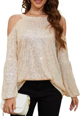 Sequin Tops for Women Sequin Halter Tops Balloon Long Sleeve Sparkly Glitter Shirts Sequin Blouse for Party Disco