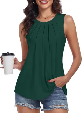 syoss Women's Summer Tank Tops Pleated Round Neck Sleeveless Tops