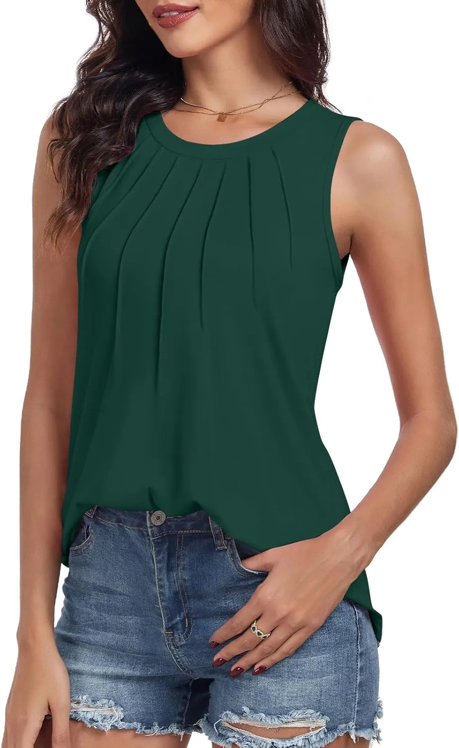 syoss Women's Summer Tank Tops Pleated Round Neck Sleeveless Tops
