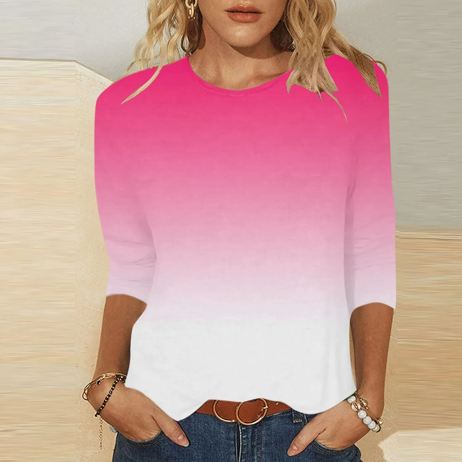 T Shirts for Women Summer Fall 3/4 Sleeve Boat Neck Loose Fit Long Tops T Shirt Women 2025 KQ