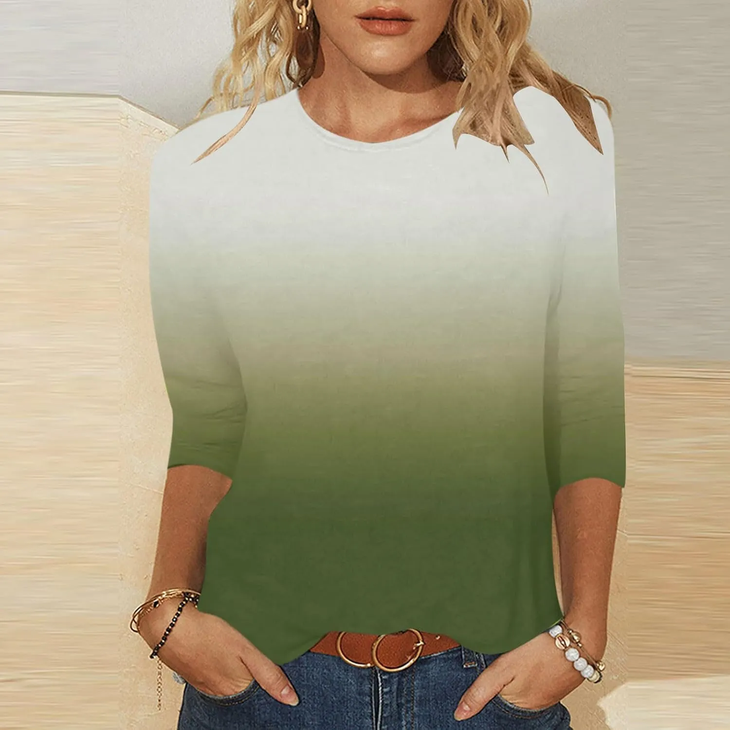 T Shirts for Women Summer Fall 3/4 Sleeve Boat Neck Loose Fit Long Tops T Shirt Women 2025 KQ