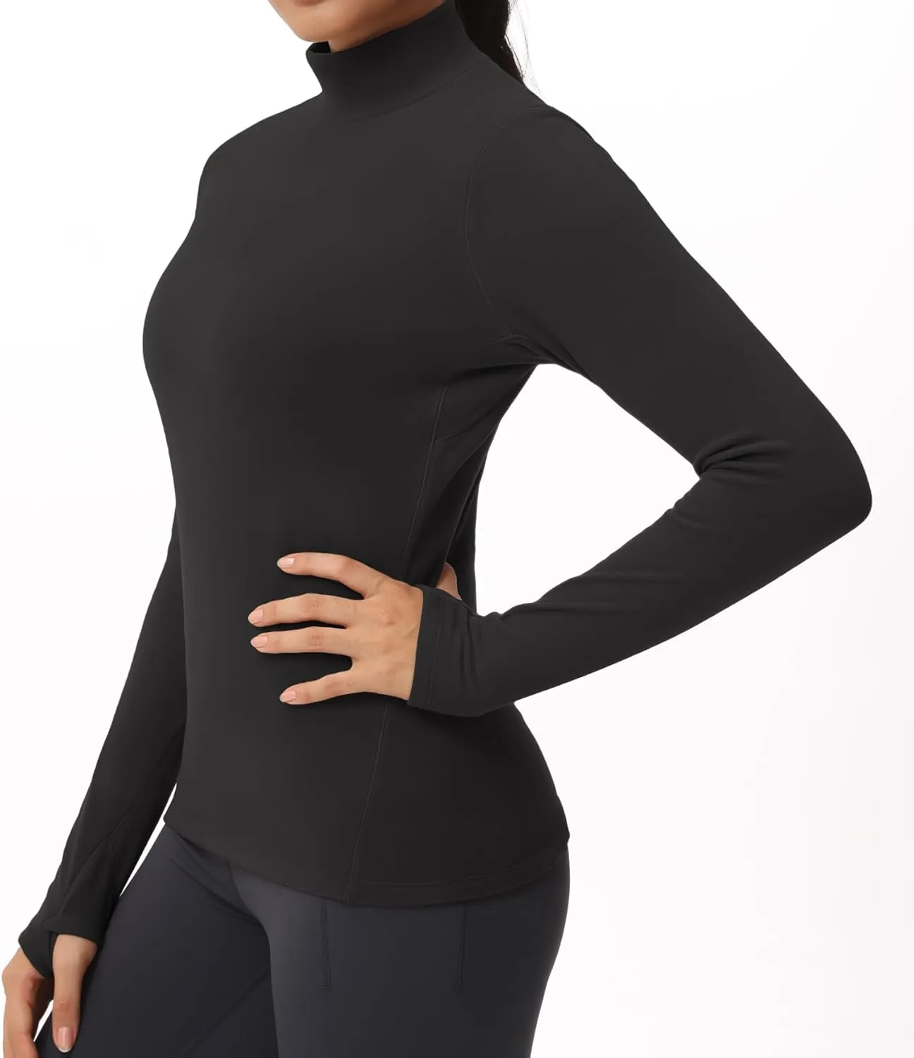 THE GYM PEOPLE Women's Mock Turtleneck Long Sleeve Shirts Fleece Thermal Underwear Pullover Tops with Thumb Hole