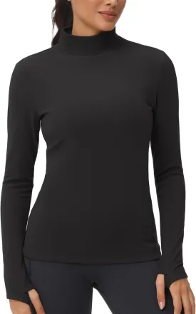 THE GYM PEOPLE Women's Mock Turtleneck Long Sleeve Shirts Fleece Thermal Underwear Pullover Tops with Thumb Hole
