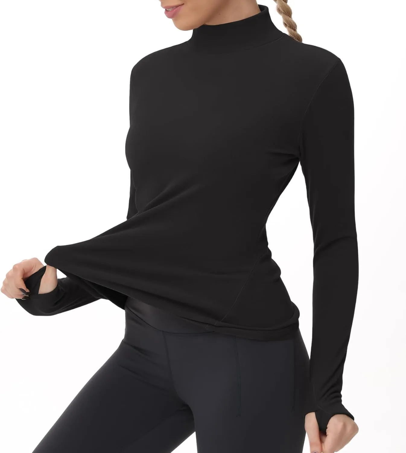 THE GYM PEOPLE Women's Mock Turtleneck Long Sleeve Shirts Fleece Thermal Underwear Pullover Tops with Thumb Hole