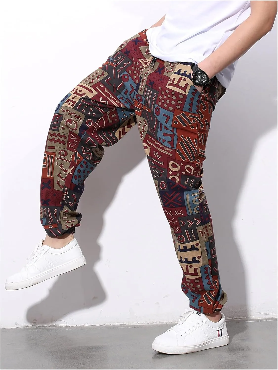 Verdusa Men's Letter Print Jogger Pants Drawstring Waist Trousers with Pockets