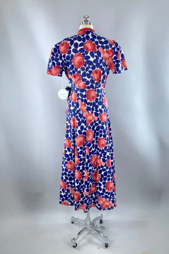 Vintage 1930s Blue & Pink Cotton Robe Housecoat