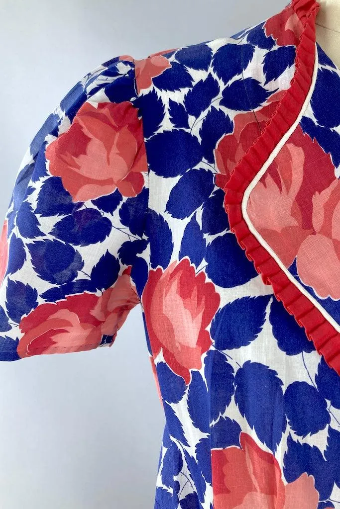 Vintage 1930s Blue & Pink Cotton Robe Housecoat