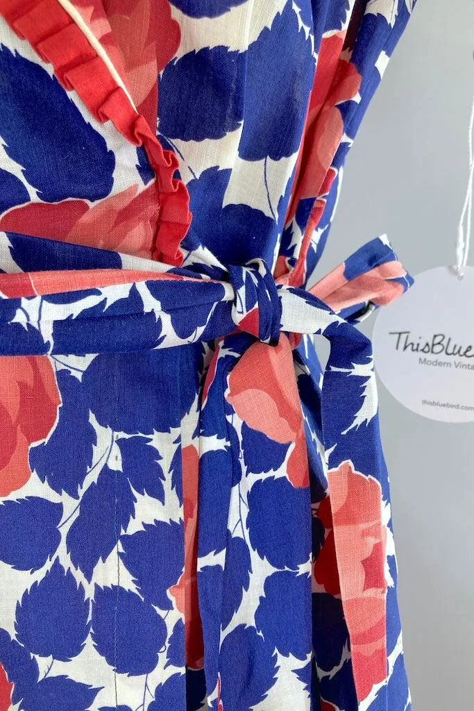 Vintage 1930s Blue & Pink Cotton Robe Housecoat