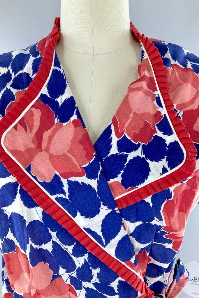 Vintage 1930s Blue & Pink Cotton Robe Housecoat