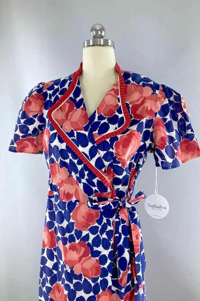 Vintage 1930s Blue & Pink Cotton Robe Housecoat