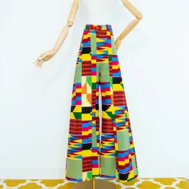 Vintage 70s Wide Flare Trousers Multicolor Geometric Print High Waist Size M 32"