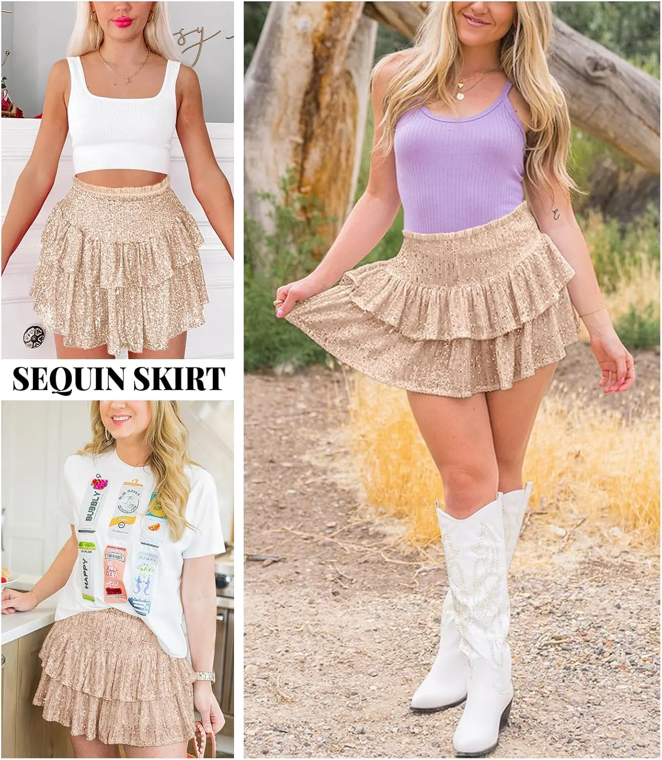 Women Sequin Skirt Sparkly Cute High Waist Ruffle Flowy Shiny Glitter Mini Short Skirts Night Out Club Party
