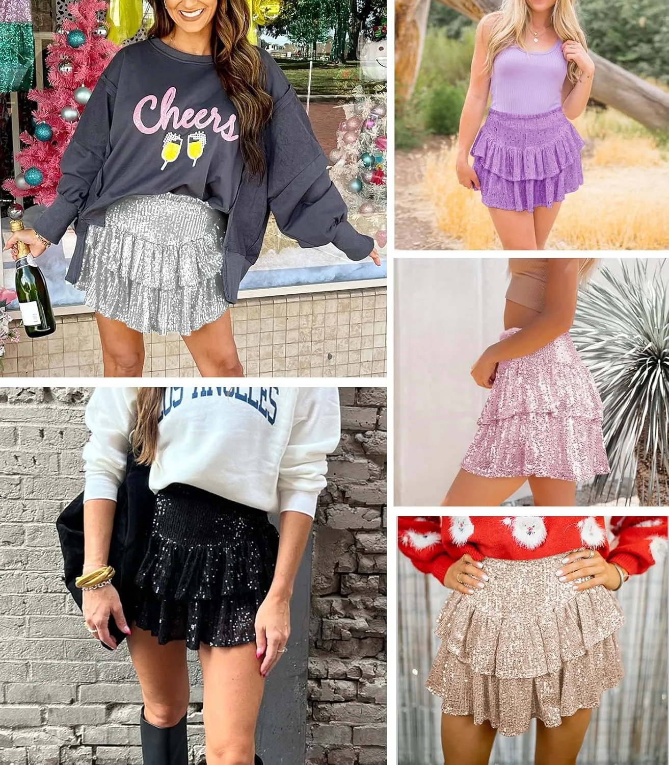 Women Sequin Skirt Sparkly Cute High Waist Ruffle Flowy Shiny Glitter Mini Short Skirts Night Out Club Party