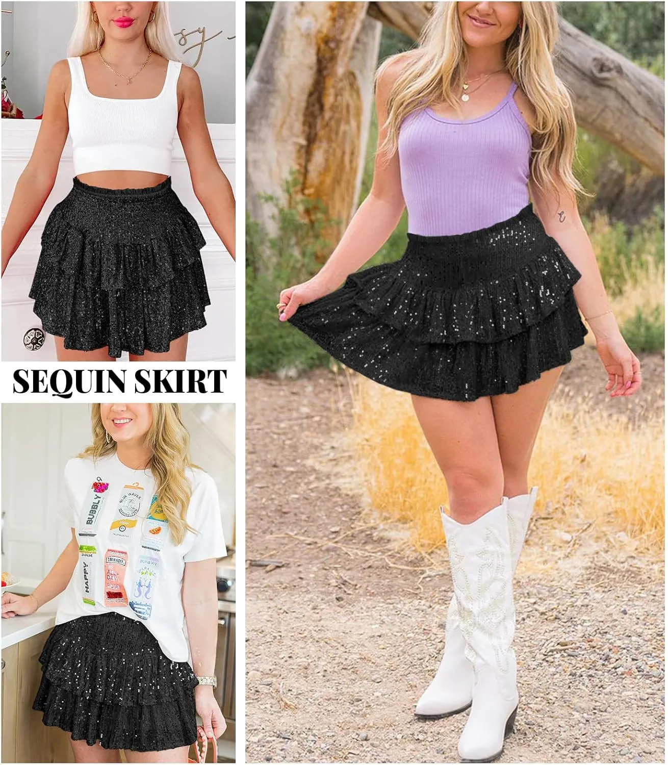 Women Sequin Skirt Sparkly Cute High Waist Ruffle Flowy Shiny Glitter Mini Short Skirts Night Out Club Party