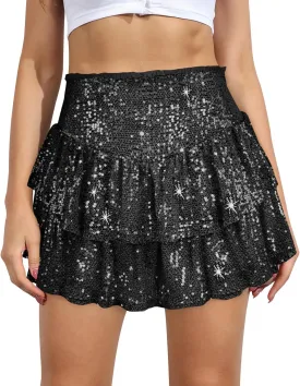 Women Sequin Skirt Sparkly Cute High Waist Ruffle Flowy Shiny Glitter Mini Short Skirts Night Out Club Party
