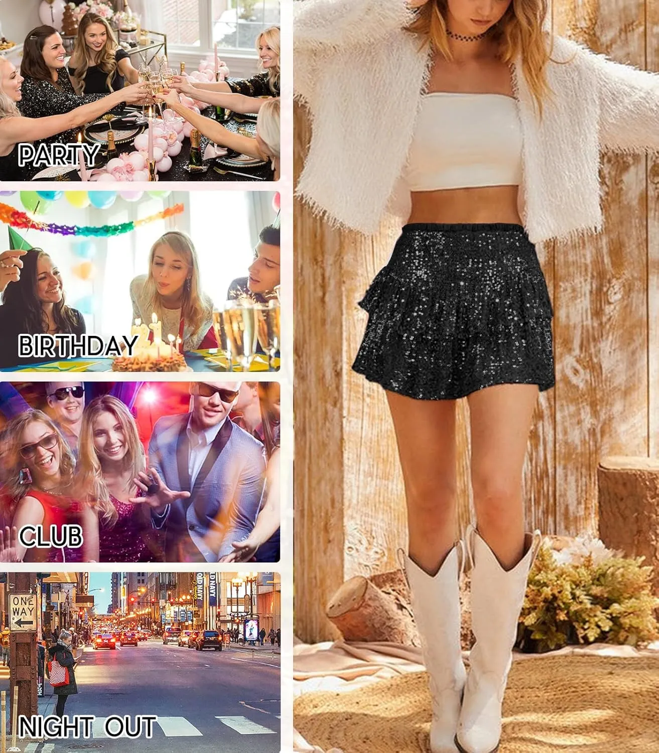 Women Sequin Skirt Sparkly Cute High Waist Ruffle Flowy Shiny Glitter Mini Short Skirts Night Out Club Party