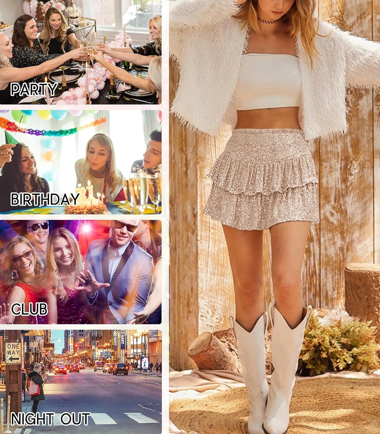 Women Sequin Skirt Sparkly Cute High Waist Ruffle Flowy Shiny Glitter Mini Short Skirts Night Out Club Party