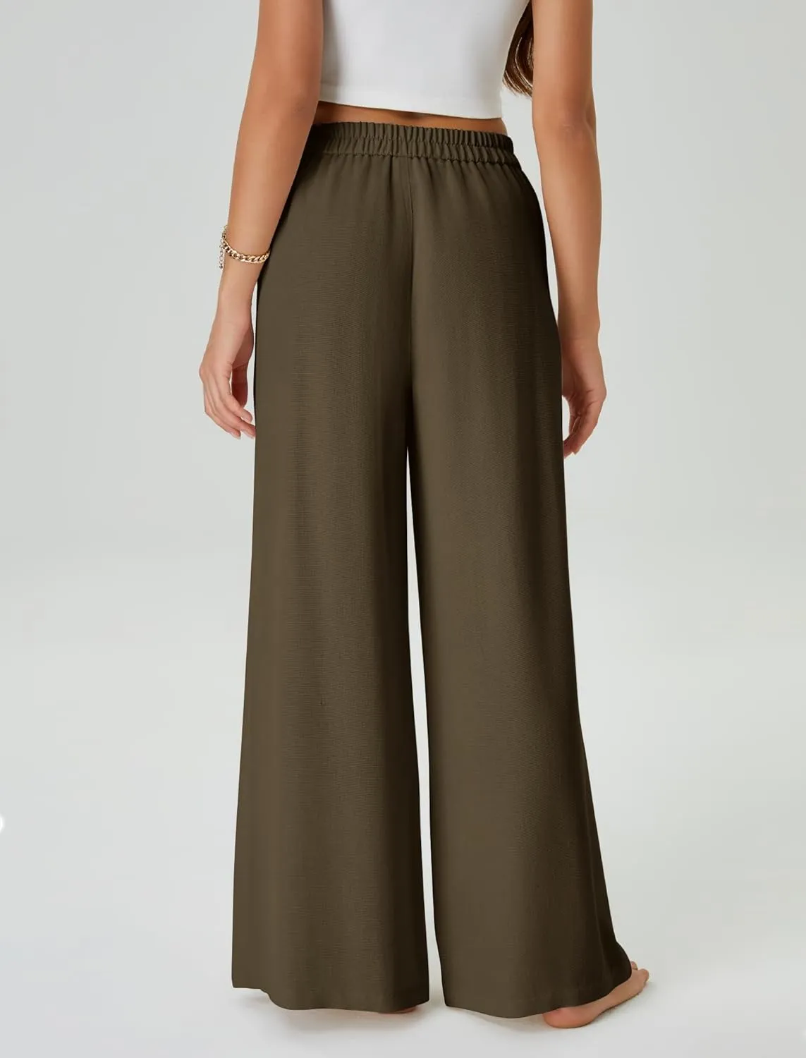 Womens Casual Linen High Waist Wide Leg Pants Palazzo Boho Flowy Beach Vacation Lounge Trousers with Pockets