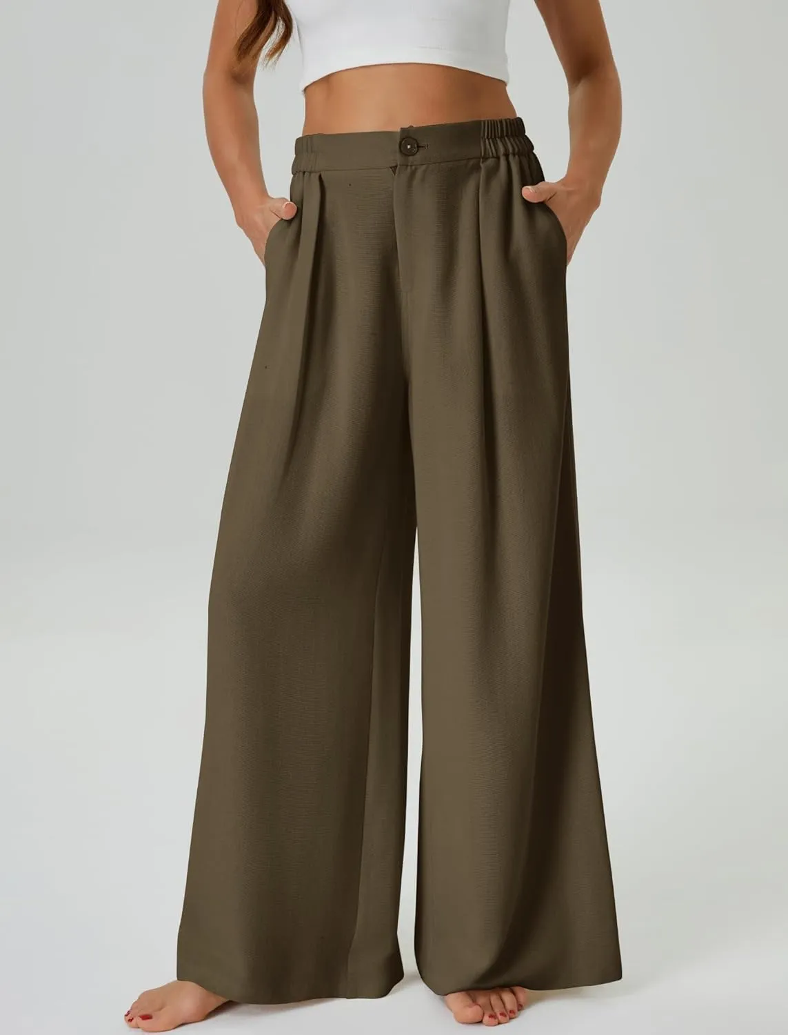 Womens Casual Linen High Waist Wide Leg Pants Palazzo Boho Flowy Beach Vacation Lounge Trousers with Pockets